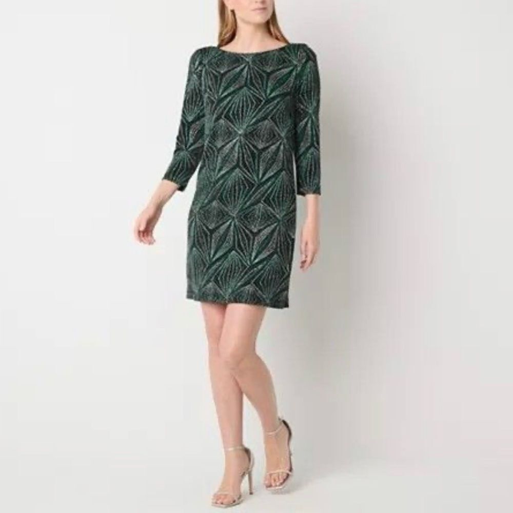Jessica Howard Glitter Women’s 3/4 Sleeve Diamond Black Shift Dress 12 NWT